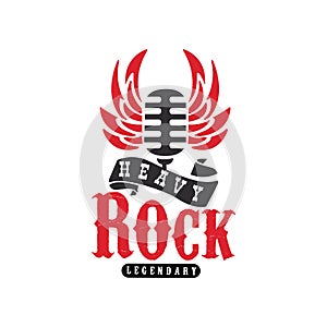 Heavy Rock logo, emblem with vintage microphone and wings for rock band, festival, guitar party or musical performance