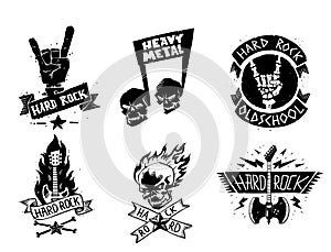 Heavy rock music vector badge vintage label with punk skull symbol hard rock-n-roll sound sticker emblem illustration