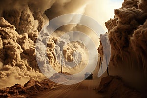 Heavy sand and dust storm above desert road land on hot summer day