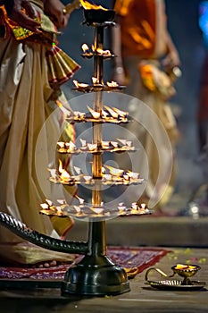 Heavy silver lamp used in Ganga aarti on banks of holy river Ganges in one of the oldest living cities of World and spiritual