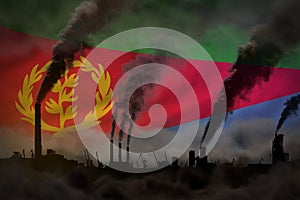 heavy smoke of plant pipes on Eritrea flag - global warming concept, background with space for your content - industrial 3D