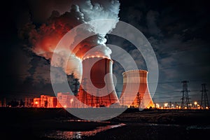 Heavy Smoke Silhouette: Power Plant under Dark Night Sky, generative ai