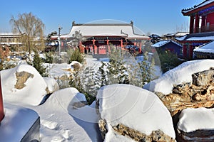 After heavy snow,the antique architecture in the Country Park of Xiong\'an New Area in China