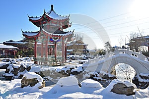 After heavy snow,the antique architecture in the Country Park of Xiong\'an New Area in China