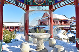 After heavy snow,the antique architecture in the Country Park of Xiong\'an New Area in China