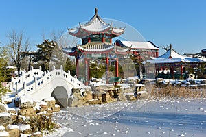 After heavy snow,the antique architecture in the Country Park of Xiong\'an New Area in China