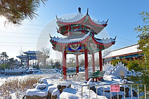 After heavy snow,the antique architecture in the Country Park of Xiong\'an New Area in China