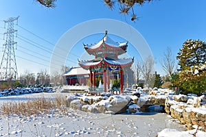 After heavy snow,the antique architecture in the Country Park of Xiong\'an New Area in China