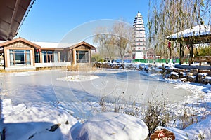 After heavy snow,the antique architecture in the Country Park of Xiong\'an New Area in China