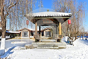 After heavy snow,the antique architecture in the Country Park of Xiong\'an New Area in China