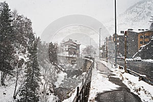 Heavy snow fall in El Tarter town and ski resort in Pyrenees, Andorra