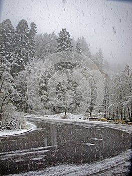 Heavy snow falling and a mountain road