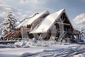 Heavy snowfall has buried a modern wooden house or barn