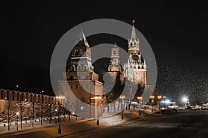 Heavy snowfall in Moscow at Red square at night. destination in Russian capital