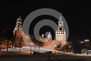 Heavy snowfall in Moscow at Red square at night. destination in Russian capital. spasskaya tower