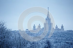 After heavy snowfall in Moscow snow-covered Lomonosov Moscow State University and park around it
