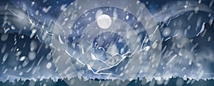 Heavy snowfall with strong wind in the mountains at night. Moon is shining through the snow flakes. Vector illustration.