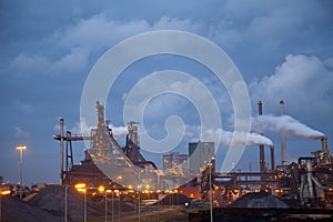 Heavy steel industry at steel factory at night