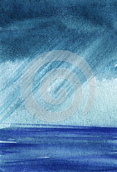 Heavy stormy sky over the blue sea. Over the horizon clearance. Oblique streams of rain. Hand-drawn watercolor illustration