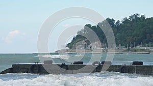 Heavy surf waves crashing on coast during gale force storm surge