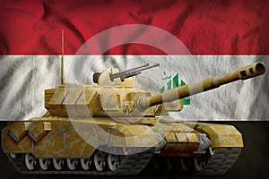 Heavy tank with desert camouflage on the Iraq national flag background. 3d Illustration