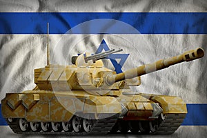 Heavy tank with desert camouflage on the Israel national flag background. 3d Illustration