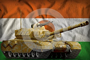 Heavy tank with desert camouflage on the Niger national flag background. 3d Illustration