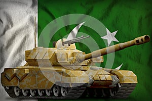 Heavy tank with desert camouflage on the Pakistan national flag background. 3d Illustration