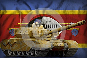 Heavy tank with desert camouflage on the Swaziland national flag background. 3d Illustration