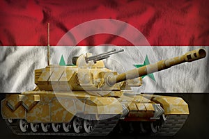 Heavy tank with desert camouflage on the Syrian Arab Republic national flag background. 3d Illustration