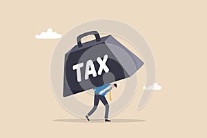 Heavy tax burden to pay off, weight or debt problem, bankruptcy or financial problem, government obligation concept, businessman