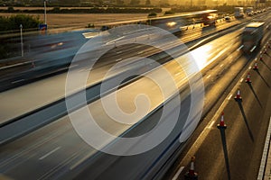 heavy traffic in blurry motion on UK motorway in England