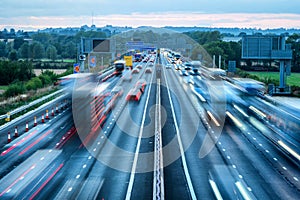 heavy traffic in blurry motion on UK motorway in England