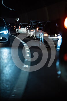 Heavy Traffic Inside A Highway Urban Tunnel.