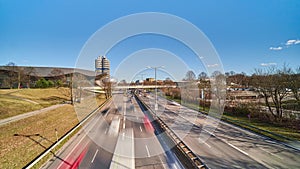 Heavy traffic on Munich street in the area of the Olympic Park