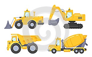 Heavy Transportation Cars and Construction Equipment for Building. Bulldozer, Excavator, Dump Truck and Concrete Mixer