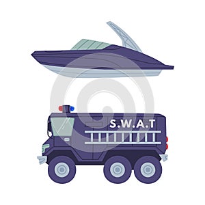 Heavy Truck with Siren and Motor Boat as SWAT Vehicle or Rescue Vehicle and Police Tactical Unit Vector Set