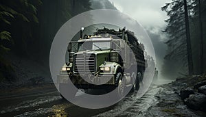 A heavy truck speeds through the fog in the forest generated by AI