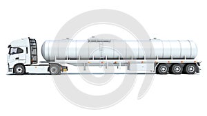 Heavy truck with tank trailer 3D rendering on white background