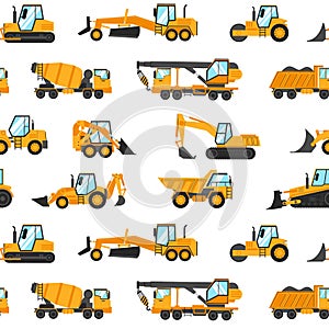 Heavy trucks pattern. Seamless print with construction vehicles and industrial building machinery for earthwork, lifting