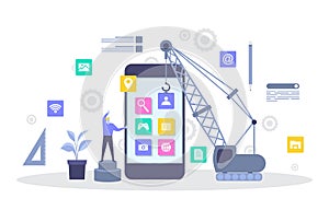 Heavy Vehicle Build Mobile App Development Process Flat Illustration