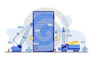 Heavy Vehicle Build Mobile App Development Process Flat Illustration