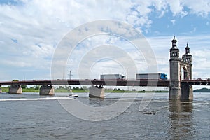 Heavy vehicles move along the Queen Louise bridge. Sovetsk, Kaliningrad region