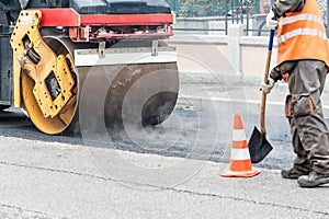 Heavy Vibration roller compactor at asphalt pavement works for r