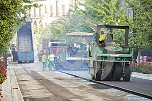 Heavy Vibration roller compactor at asphalt pavement works