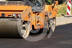 Heavy vibratory road roller close-up