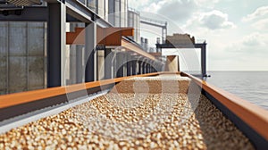 A heavyduty conveyor belt system is shown in action easily and swiftly transporting grains from dock to ship with photo