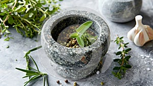 A heavyduty mortar and pestle perfect for grinding herbs and es for a highend gourmet meal photo