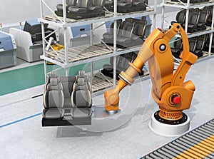 Heavyweight robotic arm carrying car seats in car assembly production line