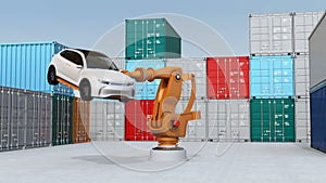 Heavyweight robotic arm carrying white SUV in cargo containers yard